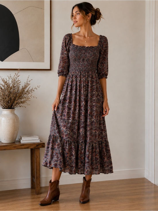 Dex Dresses & Skirts - DEX Boho Paisley Smocked Midi Dress Puff Sleeve Cottagecore Dress Size S